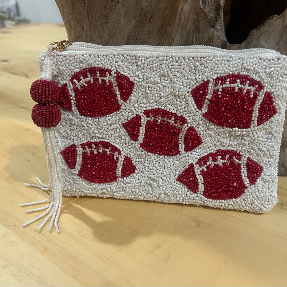 Red and White Beaded Football Clutch